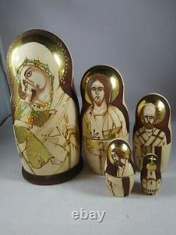 FIVE (5) RELIGIOUS RUSSIAN MOSCOW Nesting Dolls 5 BEAUTIFUL ARTWORK SIGNED