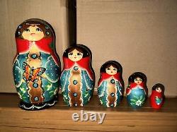 Fairy Tales Hand Painted Nesting Russian Dolls 5 pc Signed abt. Ubamoba mint