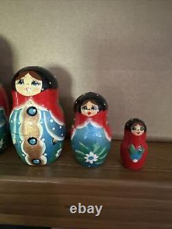 Fairy Tales Hand Painted Nesting Russian Dolls 5 pc Signed abt. Ubamoba mint