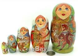 Fairy tale Pushkin Ruslan and Ludmila signed Russian Matryoshka 5 nesting dolls
