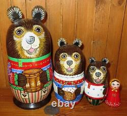 Fairy tale Three Bears & Goldilocks Nesting Russian Dolls Matryoshka 4 signed