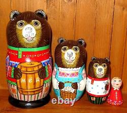 Fairy tale Three Bears & Goldilocks Nesting Russian Dolls Matryoshka 4 signed