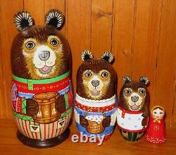 Fairy tale Three Bears & Goldilocks Nesting Russian Dolls Matryoshka 4 signed