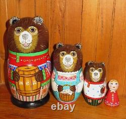 Fairy tale Three Bears & Goldilocks Nesting Russian Dolls Matryoshka 4 signed