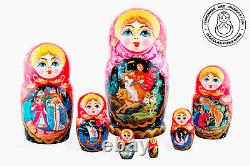 Fairy tales of Pushkin Nesting Doll 7 pcs, Matryoshka Doll 8,25 /21 cm, Palekh