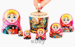 Fairy tales of Pushkin Nesting Doll 7 pcs, Matryoshka Doll 8,25 /21 cm, Palekh