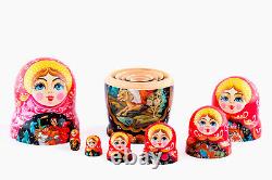 Fairy tales of Pushkin Nesting Doll 7 pcs, Matryoshka Doll 8,25 /21 cm, Palekh