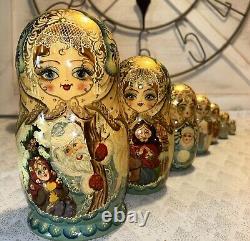 Father Christmas Matryoshka Fairytale Russian Handmade Nesting Doll- Signed 7 Pc