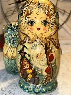 Father Christmas Matryoshka Fairytale Russian Handmade Nesting Doll- Signed 7 Pc