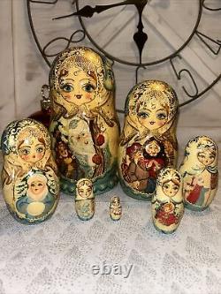 Father Christmas Matryoshka Fairytale Russian Handmade Nesting Doll- Signed 7 Pc