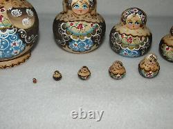 Flower Maidens Wood Burned 10 Piece Matryoshka Russian Nesting Doll Marked
