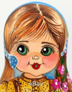 Genuine OOAK Russian HAND PAINTED MATT nesting dolls 5 Vintage Girls Postcards