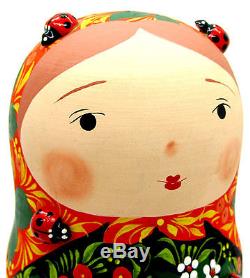 Genuine Russian 5 stacking dolls MATT Black Red Babushka KHOKHLOMA Kulakhmetov