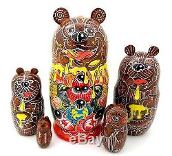 Genuine Russian BROWN BEAR FAMILY stacking dolls 5 hand painted MATT Matryoshka