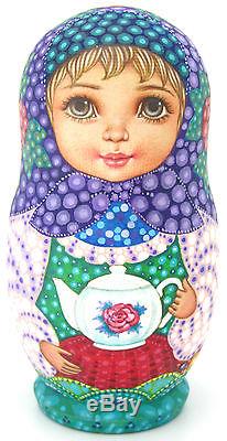 Genuine Russian Dolls 5 Girls SOKIRKINA HAND PAINTED MATT Tea Drinking BABUSHKA