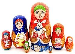 Genuine Russian HAND PAINTED nesting dolls 5 Matryoshka GIRL & Bunny Rabbit GIFT
