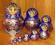 Genuine Russian Matryoshka Nesting Dolls 10 Cobalt Blue Gold Babushka Aymasova