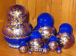 Genuine Russian Matryoshka nesting dolls 10 COBALT BLUE GOLD Babushka Aymasova