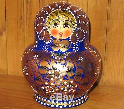 Genuine Russian Matryoshka nesting dolls 10 COBALT BLUE GOLD Babushka Aymasova