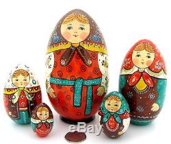 Genuine Russian nesting dolls 5 HAND PAINTED EGG Martryoshka RYABOVA Babushka
