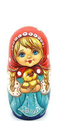 Genuine Russian nesting dolls GIRLS & cute Kitten Duck 5 HAND PAINTED BABUSHKA