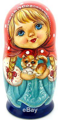 Genuine Russian nesting dolls GIRLS & cute Kitten Duck 5 HAND PAINTED BABUSHKA