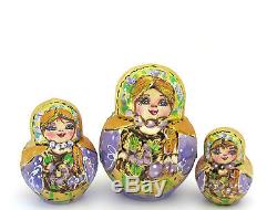 Genuine Russian nesting dolls GOLD LILAC Pyrography BIG MATRIOSHKA 10 MAMAYEVA