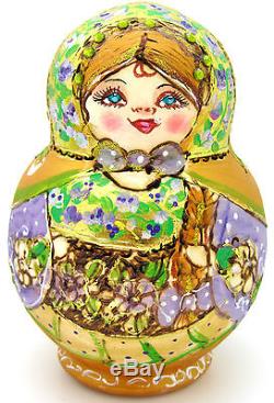 Genuine Russian nesting dolls GOLD LILAC Pyrography BIG MATRIOSHKA 10 MAMAYEVA