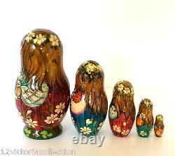 Girl with Sunflower Russian Hand Carved Painted 5 pieces Nesting Doll Set