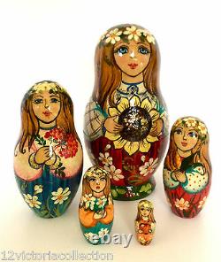 Girl with Sunflower Russian Hand Carved Painted 5 pieces Nesting Doll Set