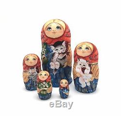 Girl with a Kitty Cat Russian Nesting DOLL Hand Painted Babushka Set