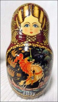 Gorgeous 9 pc RUSSIAN NESTING DOLLS Carved GOLD LEAF Signed Lacquer Matryoshka
