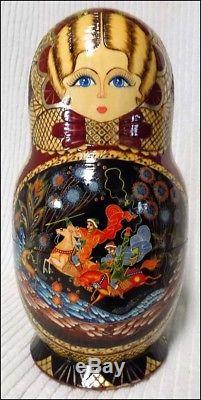 Gorgeous 9 pc RUSSIAN NESTING DOLLS Carved GOLD LEAF Signed Lacquer Matryoshka