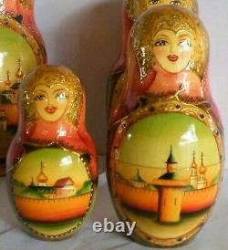 Great Detailed Russian Matryoshka nesting dolls SIGNED 7 piece Gold Accents