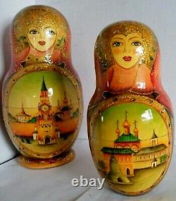 Great Detailed Russian Matryoshka nesting dolls SIGNED 7 piece Gold Accents