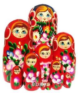 HUGE 10-Piece Red Stacking Dolls Floral Handmade Nesting Doll 10 inches Tall