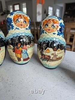 HUGE 30 Piece Russian Matryoshka Nesting Dolls Blue And White Winter Scenes