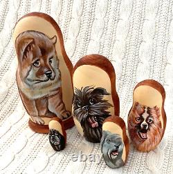 Hand Painted Dogs Matryoshka Russian Wooden Nesting Dolls Set of 5
