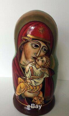 Hand Painted Matryoshka Russian Nesting Dolls 7M Signed Irena Religious Mary