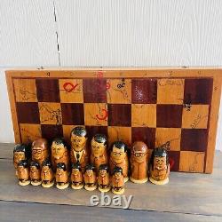 Hand-Painted Nested Dolls Matryoshka WWII World War Russian-German Chess Set