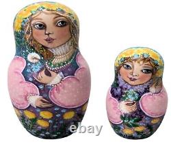 Hand Painted One of a Kind Russian Nesting Doll Girls with Flowers by Molotova