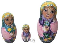 Hand Painted One of a Kind Russian Nesting Doll Girls with Flowers by Molotova