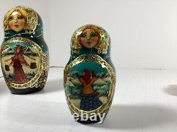 Hand Painted Russian Matryoshka Nesting Dolls 5 Piece Handpainted Green Signed