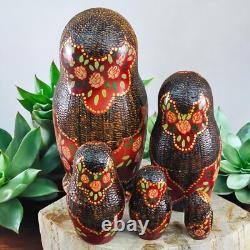 Hand Painted Russian Nesting Dolls Matryoshka Set of 5 Gold Ox Blood Folk Art