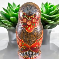 Hand Painted Russian Nesting Dolls Matryoshka Set of 5 Gold Ox Blood Folk Art
