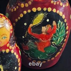 Hand Painted Russian Nesting Dolls Matryoshka Set of 5 Gold Ox Blood Folk Art