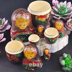 Hand Painted Russian Nesting Dolls Matryoshka Set of 5 Gold Ox Blood Folk Art