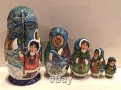 Handmade Hand Painted Alaskan Eskimo Family Legends Nesting Doll 5pc Signed