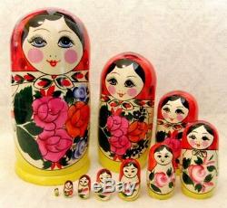 Handmade Semenov Traditional Russian Matryoshka Wooden Nesting Doll 10 Pcs Set