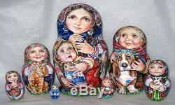 Handpainted Only one 7p Russian Nesting Doll Little Girl withall Pets, Chmelyova